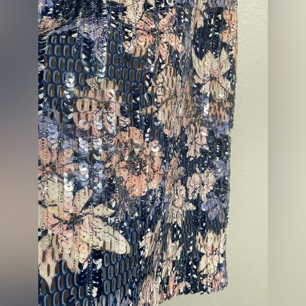Anthro Endless Rose Blue Pink Floral Sequin Pencil Skirt Boho Wedding Guest - Picture 2 of 8